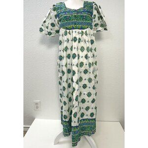 VTG SITA Womens SMALL Teal Floral Cotton S/S Mumu House DRESS Midi NEW w/ Flaw